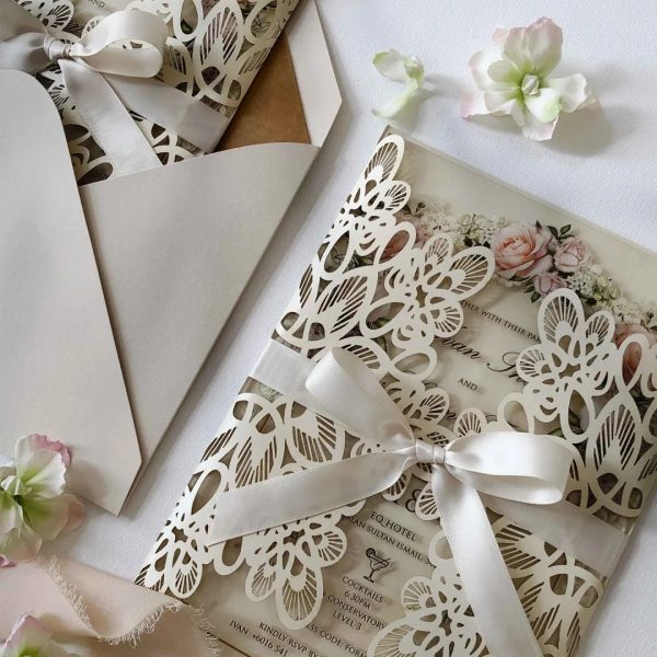 European Laser-Cut Wedding Invitation | Vintage Floral & Ribbon Bow
